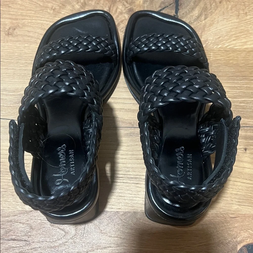 NIB Homers Artisan Pina Trenza Black Braided Leather Block Heel Sandals EU 36 US